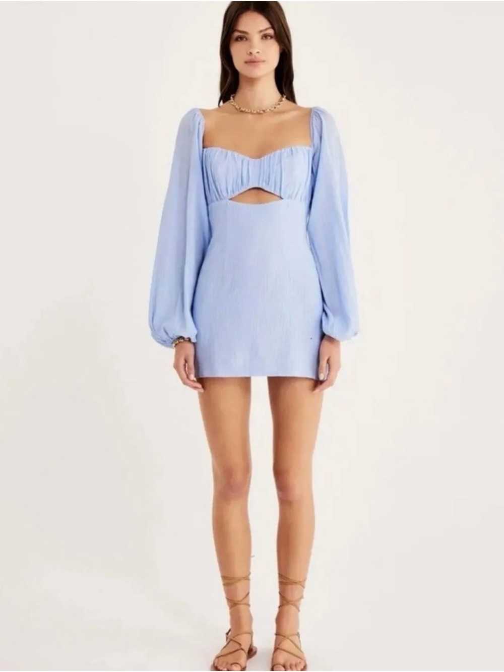 Pastel Blue Puff-Sleeve Mini Dress with Front Cutout